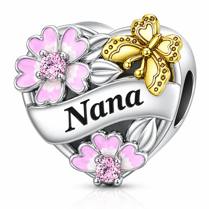 Nana Flower & Butterfly Heart Sterling Silver Charm Hallmarked S925 for Charm Bracelet and Necklace