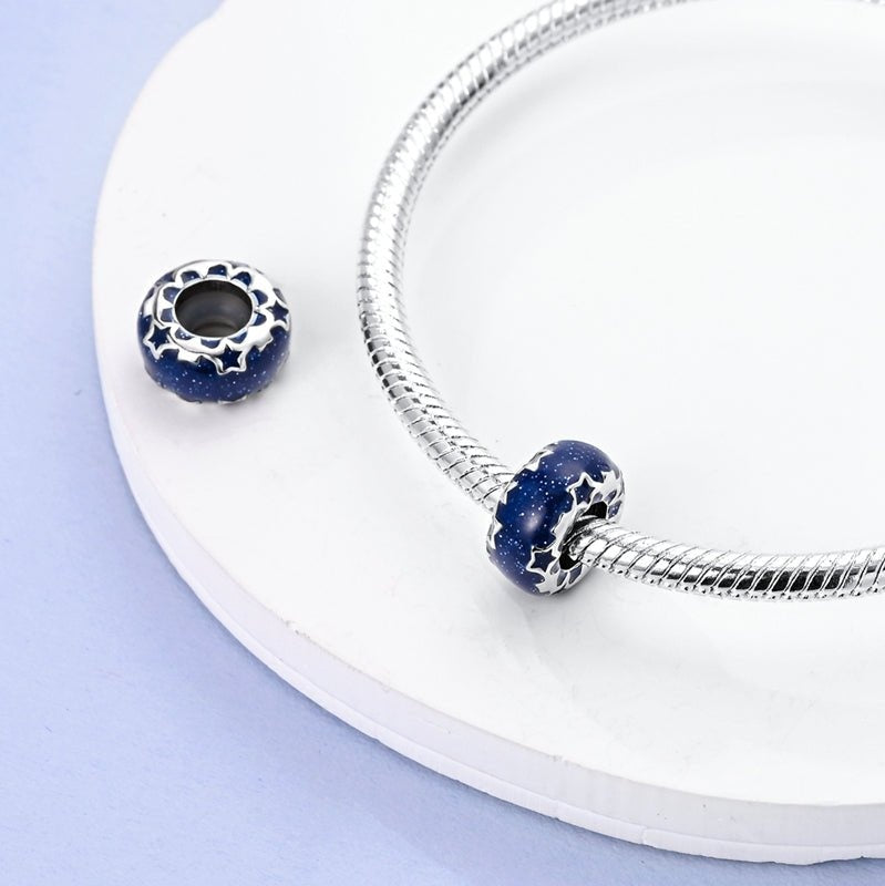 Night Sky Spacer Bead Sterling Silver Charm Hallmarked S925 for Charm Bracelet and Necklace