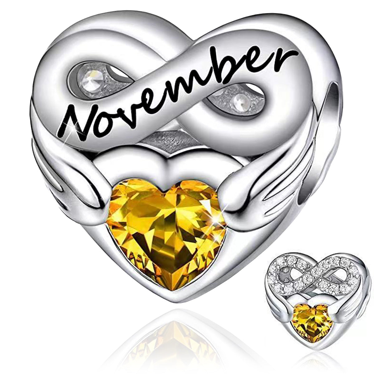 November Birthstone Months Heart Charm for Bracelet, S925 Sterling Silver