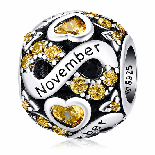 November Birthstone Infinity Birthday Bead Sterling Silver Charm Hallmarked S925 for Charm Bracelet and Necklace