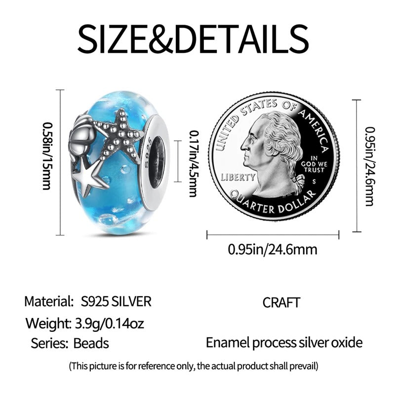 Ocean Starfish  Blue Glass Charm for Bracelet, S925 Sterling Silver