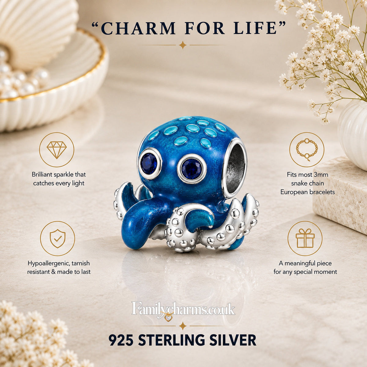 Ocean Blue Octopus Charm Hallmarked S925 for Charm Bracelet and Necklace