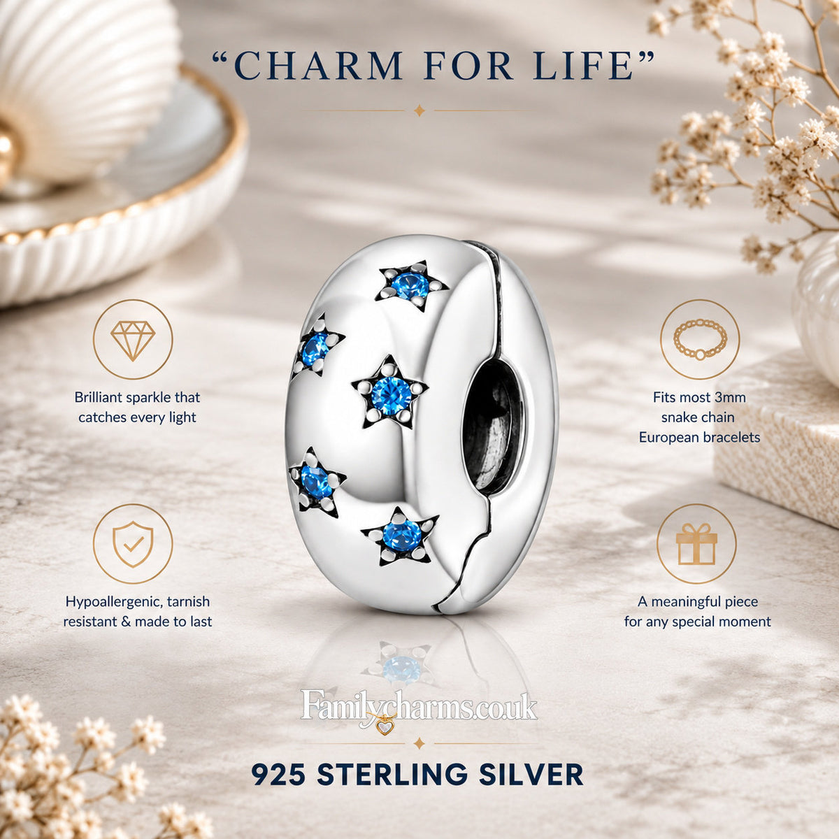 Ocean Blue Star Clip Stopper Sterling Silver Charm Hallmarked S925 for Charm Bracelet and Necklace