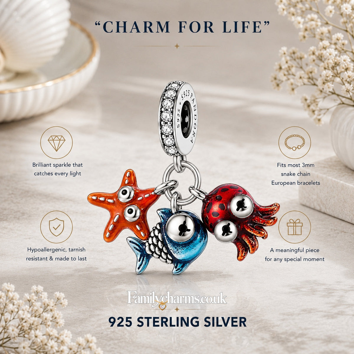 Ocean Sealife Dangle Sterling Silver Charm Hallmarked S925 for Charm Bracelet and Necklace