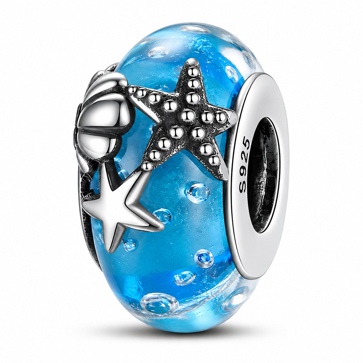 Ocean Starfish Blue Murano Glass Sterling Silver Hallmarked S925 for Charm Bracelet and Necklace