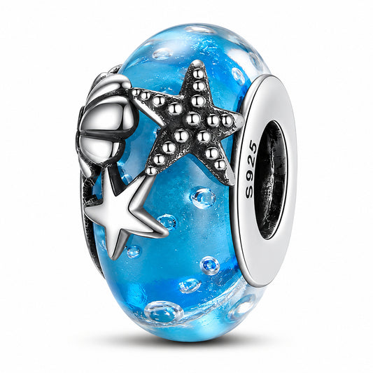 Ocean Starfish Blue Murano Glass Sterling Silver Hallmarked S925 for Charm Bracelet and Necklace