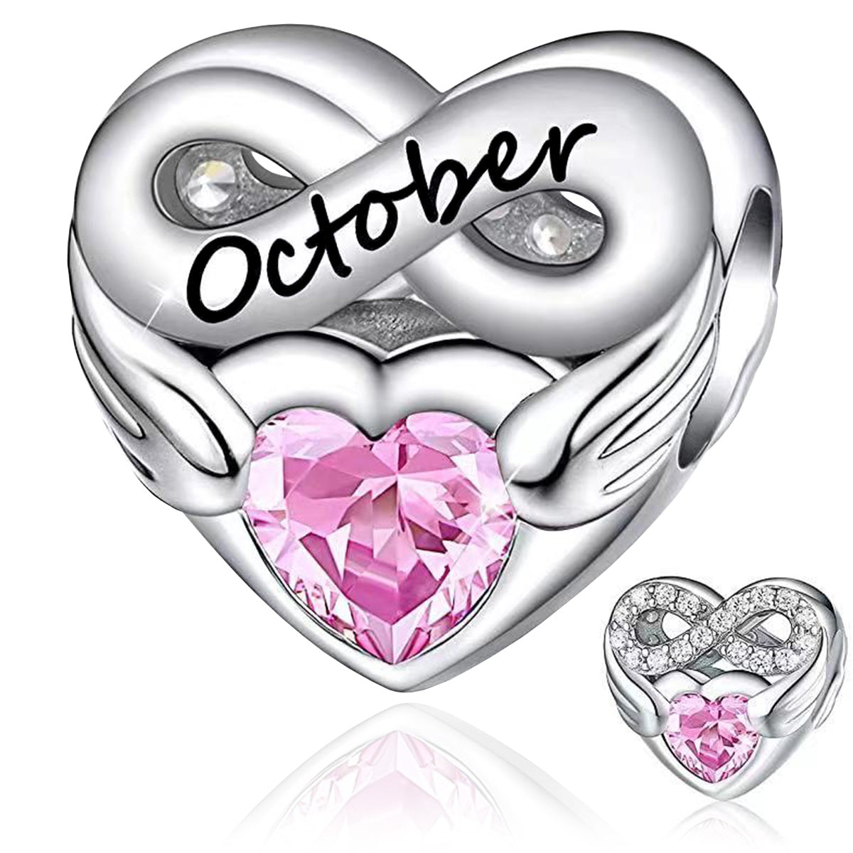 October Birthstone Months Heart Charm for Bracelet, S925 Sterling Silver