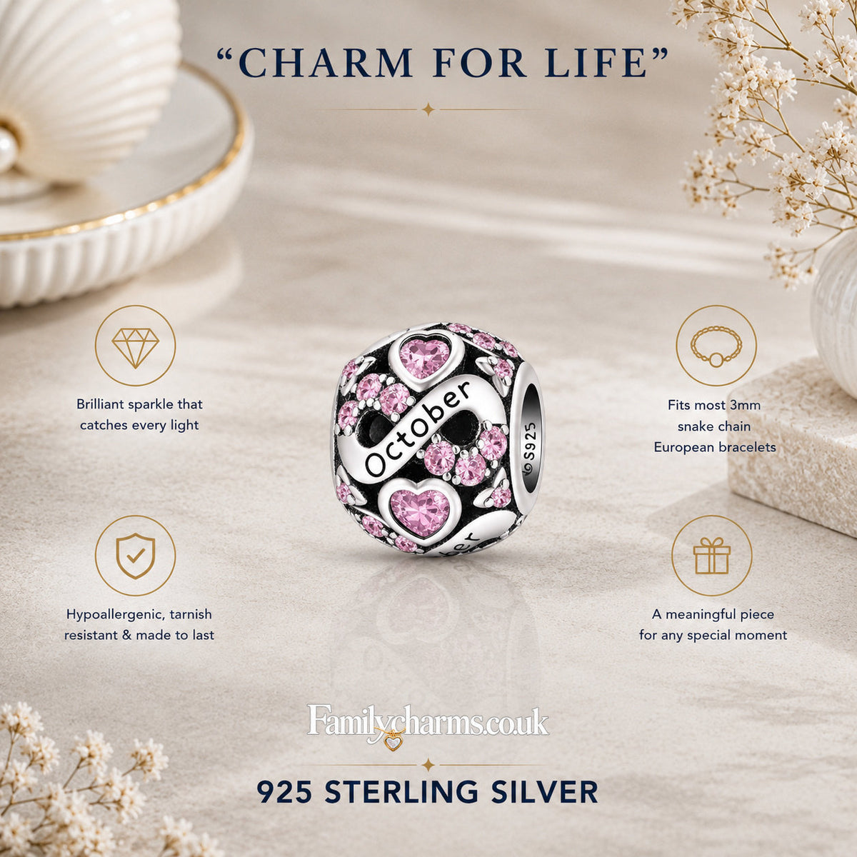 October Birthstone Infinity Birthday Bead Charm for Bracelet, S925 Sterling Silver