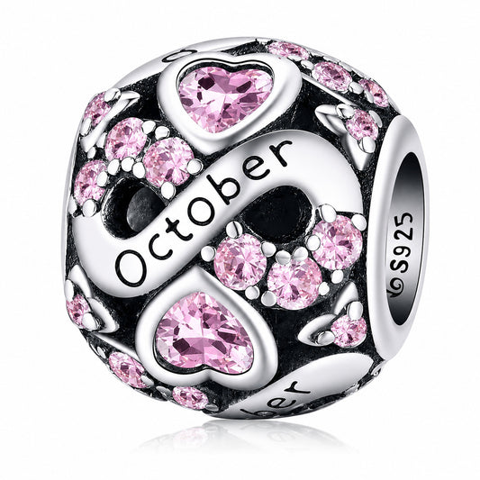 October Birthstone Infinity Birthday Bead Charm for Bracelet, S925 Sterling Silver