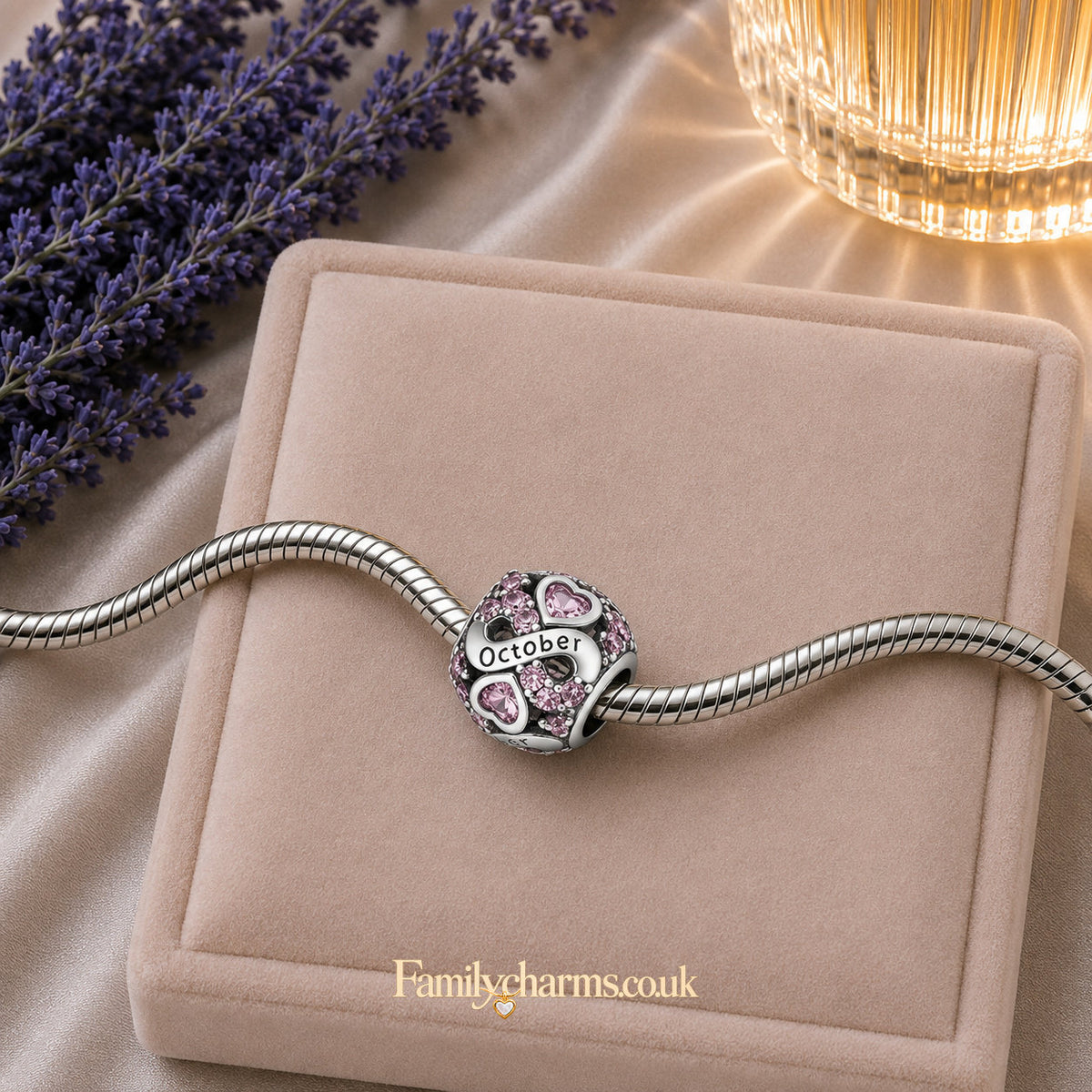 October Birthstone Infinity Birthday Bead Charm for Bracelet, S925 Sterling Silver
