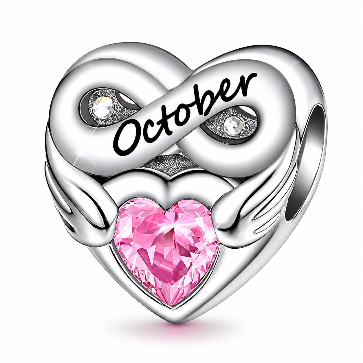 October Birthstone Months Heart Charm for Bracelet, S925 Sterling Silver