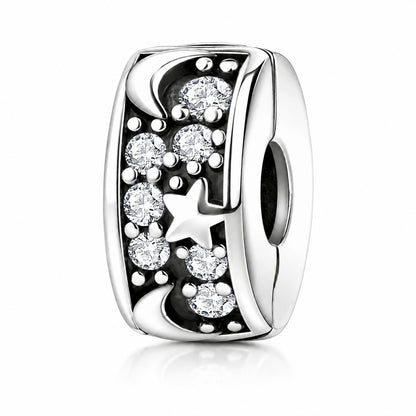 Pave Moon Star Clip Charm Hallmarked S925 for Charm Bracelet and Necklace