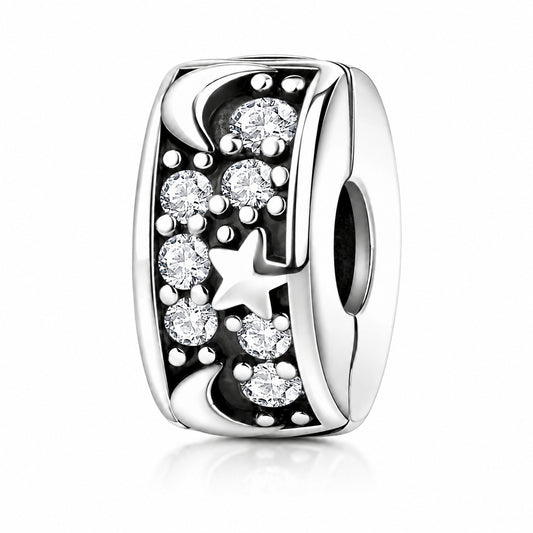 Pave Moon Star Clip Charm Hallmarked S925 for Charm Bracelet and Necklace