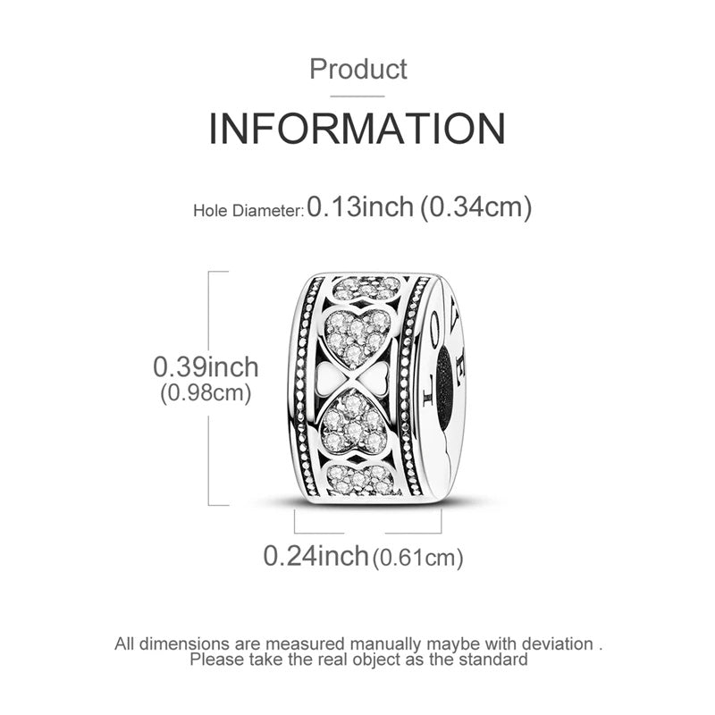 Pave Sparkling Hearts of Love Clip Sterling Silver Charm Hallmarked S925 for Charm Bracelet and Necklace
