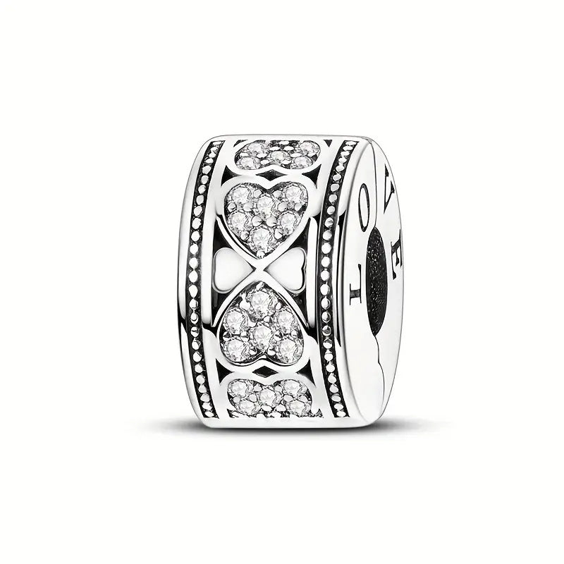 Pave Sparkling Hearts of Love Clip Sterling Silver Charm Hallmarked S925 for Charm Bracelet and Necklace