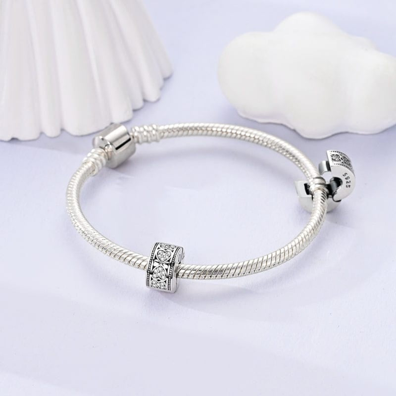 Pave Sparkling Hearts of Love Clip Sterling Silver Charm Hallmarked S925 for Charm Bracelet and Necklace