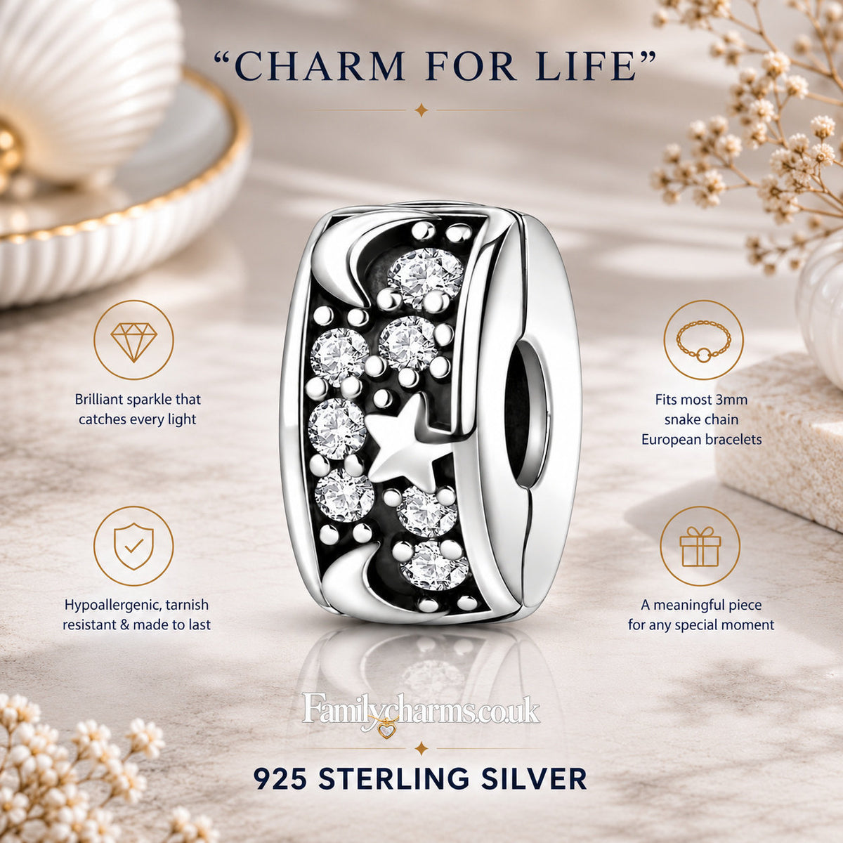 Pave Moon Star Clip Charm Hallmarked S925 for Charm Bracelet and Necklace