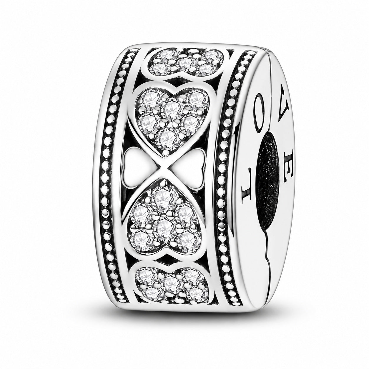 Pave Sparkling Hearts of Love Clip Sterling Silver Charm Hallmarked S925 for Charm Bracelet and Necklace