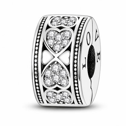 Pave Sparkling Hearts of Love Clip Sterling Silver Charm Hallmarked S925 for Charm Bracelet and Necklace