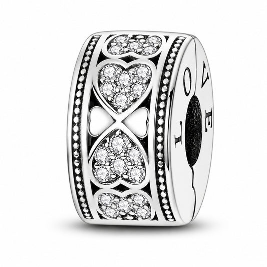 Pave Sparkling Hearts of Love Clip Sterling Silver Charm Hallmarked S925 for Charm Bracelet and Necklace