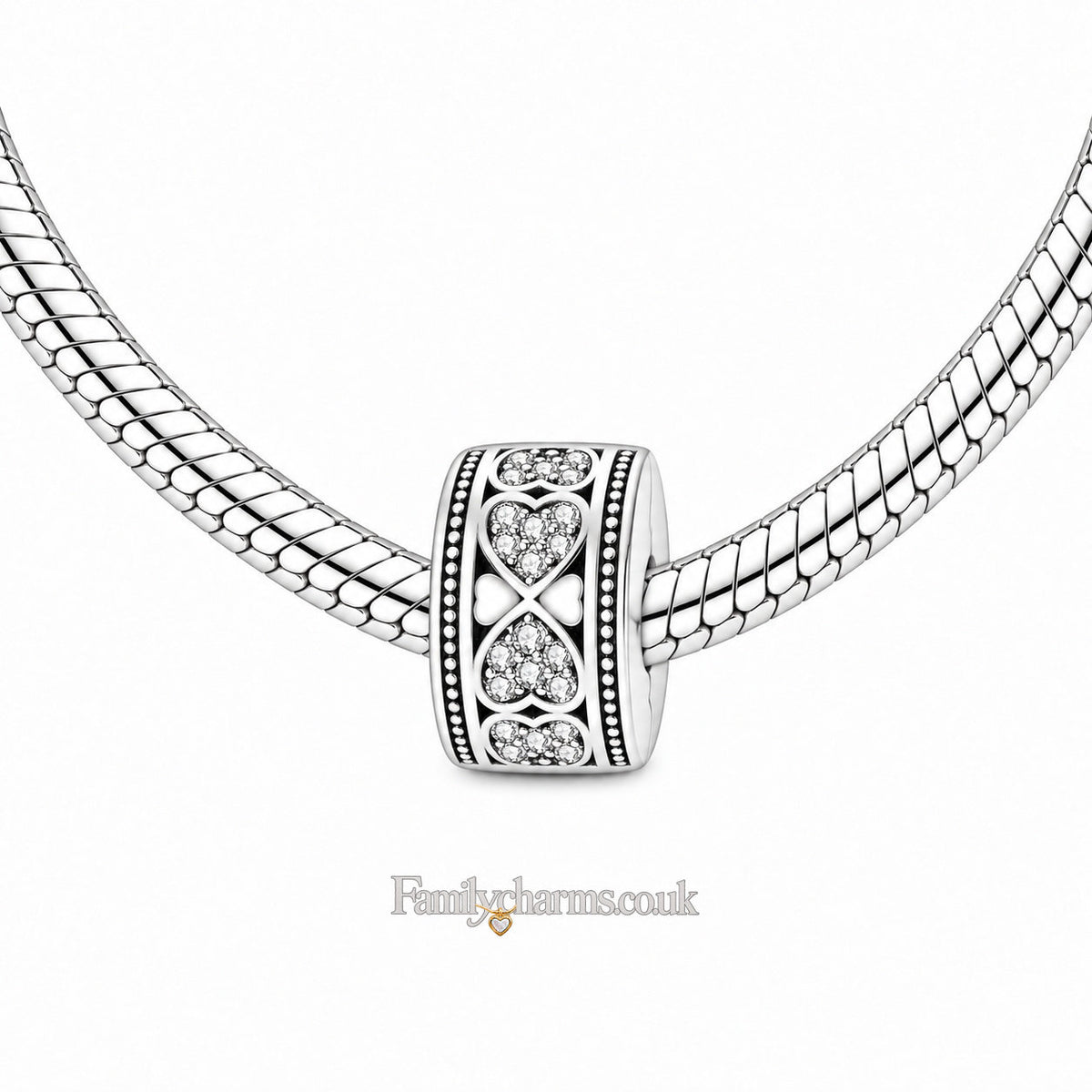 Pave Sparkling Hearts of Love Clip Sterling Silver Charm Hallmarked S925 for Charm Bracelet and Necklace