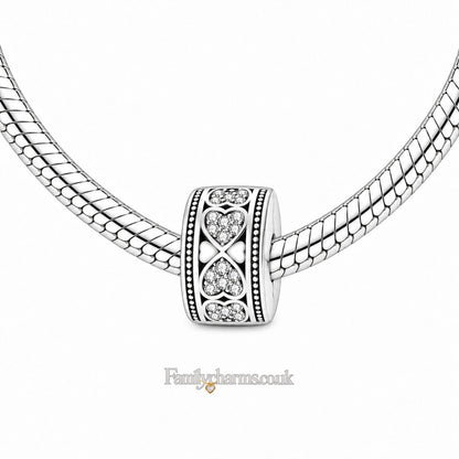 Pave Sparkling Hearts of Love Clip Sterling Silver Charm Hallmarked S925 for Charm Bracelet and Necklace
