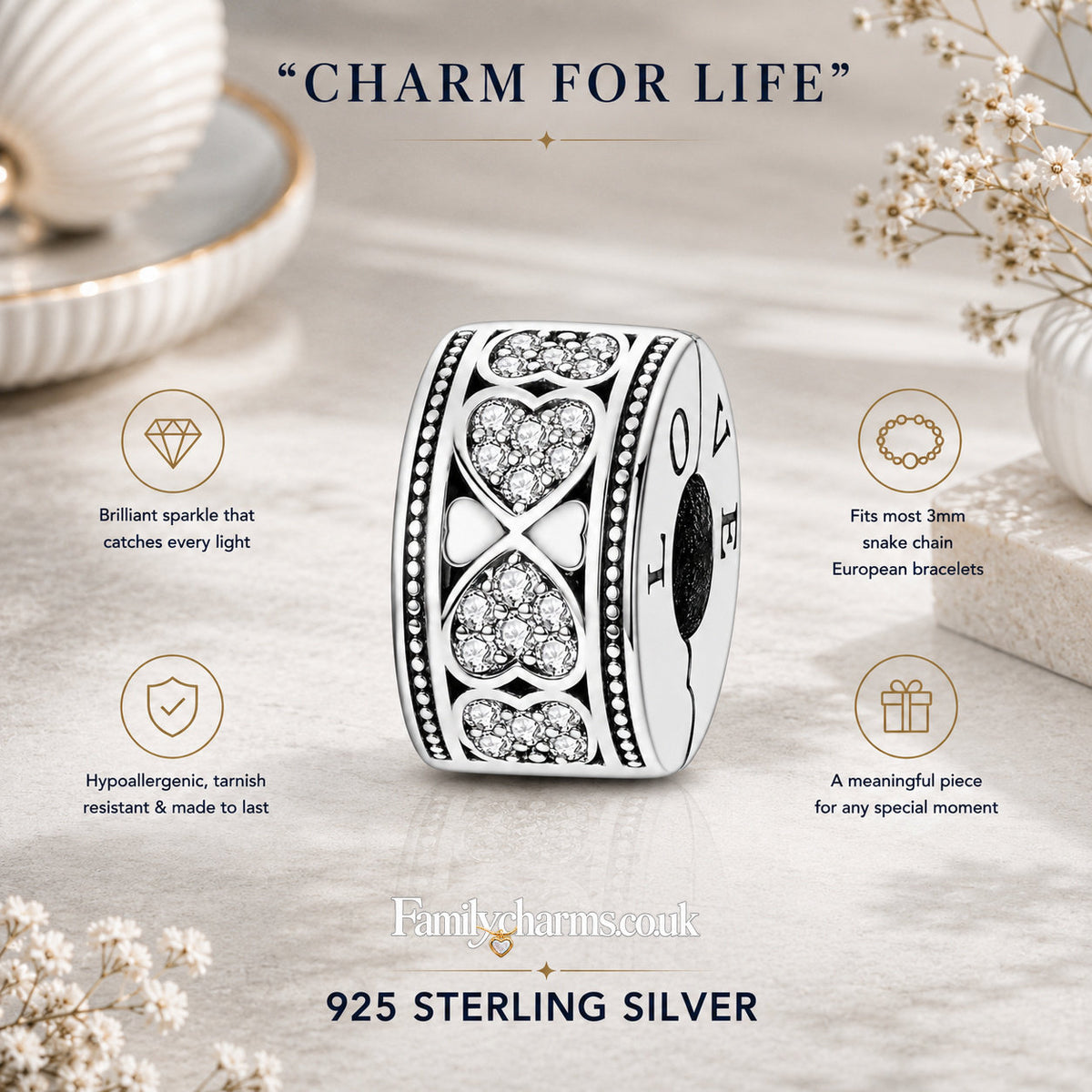Pave Sparkling Hearts of Love Clip Sterling Silver Charm Hallmarked S925 for Charm Bracelet and Necklace