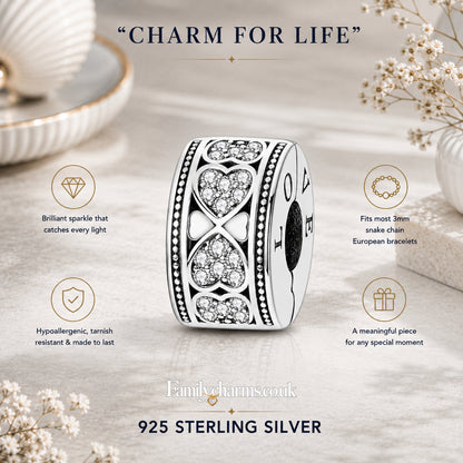 Pave Sparkling Hearts of Love Clip Sterling Silver Charm Hallmarked S925 for Charm Bracelet and Necklace