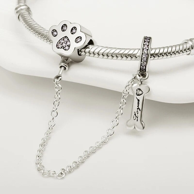 Paw Prints and Dog Bone Safety Chain Charm for Bracelet, S925 Sterling Silver