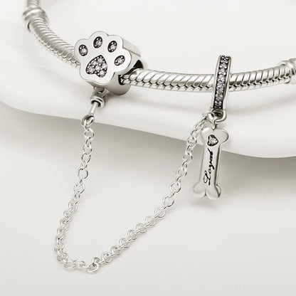 Paw Prints and Dog Bone Safety Chain Sterling Silver Charm Hallmarked S925 for Charm Bracelet and Necklace