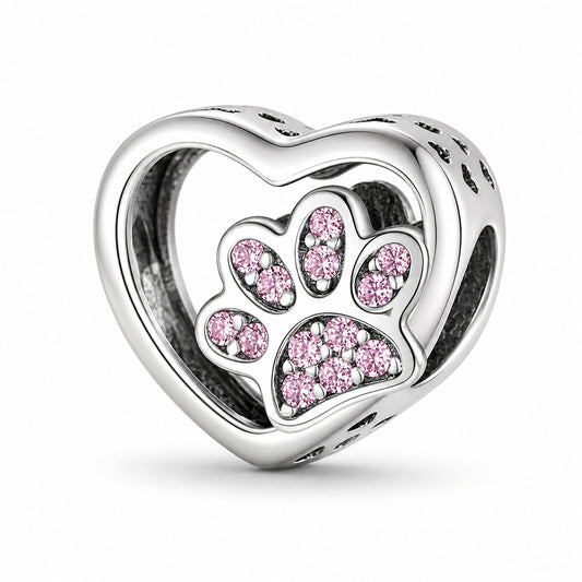 Pink Paw Print Heart Sterling Silver Charm Hallmarked S925 for Charm Bracelet and Necklace