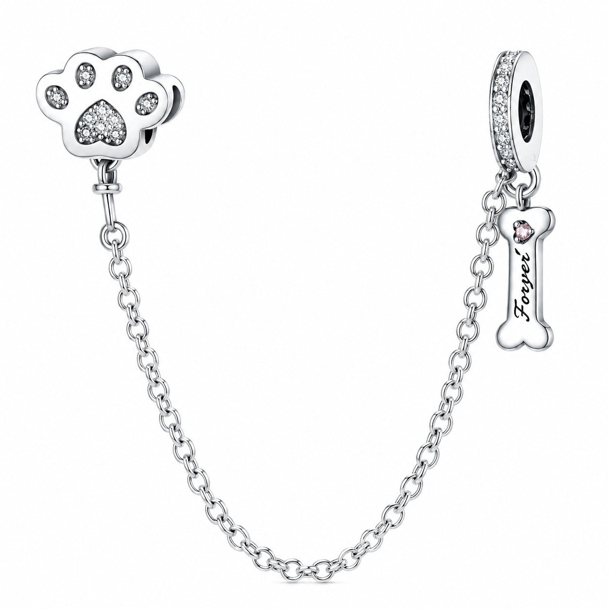 Paw Prints and Dog Bone Safety Chain Sterling Silver Charm Hallmarked S925 for Charm Bracelet and Necklace