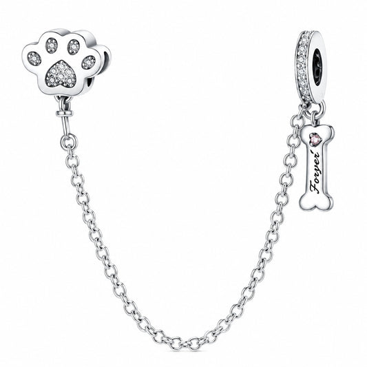 Paw Prints and Dog Bone Safety Chain Sterling Silver Charm Hallmarked S925 for Charm Bracelet and Necklace