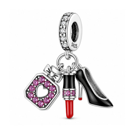 Perfume Lipstick and Shopping Bag Sterling Silver Charm Hallmarked S925 for Charm Bracelet and Necklace