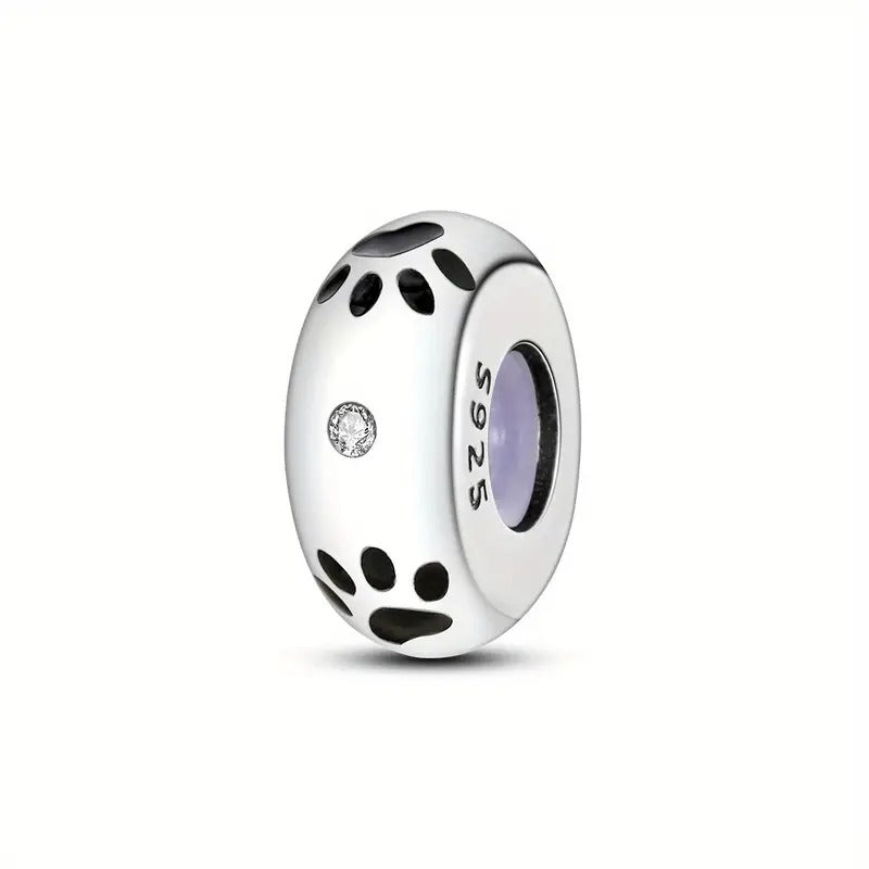 Pet Paw Print Stopper with Silicone Ring Sterling Silver Charm Hallmarked S925 for Charm Bracelet and Necklace