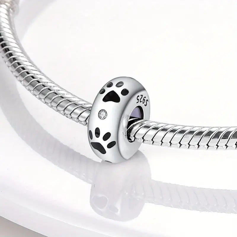 Pet Paw Print Stopper with Silicone Ring Sterling Silver Charm Hallmarked S925 for Charm Bracelet and Necklace
