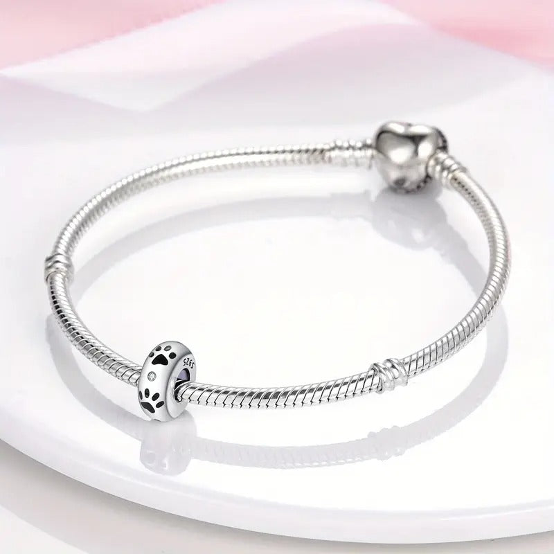 Pet Paw Print Stopper with Silicone Ring Sterling Silver Charm Hallmarked S925 for Charm Bracelet and Necklace