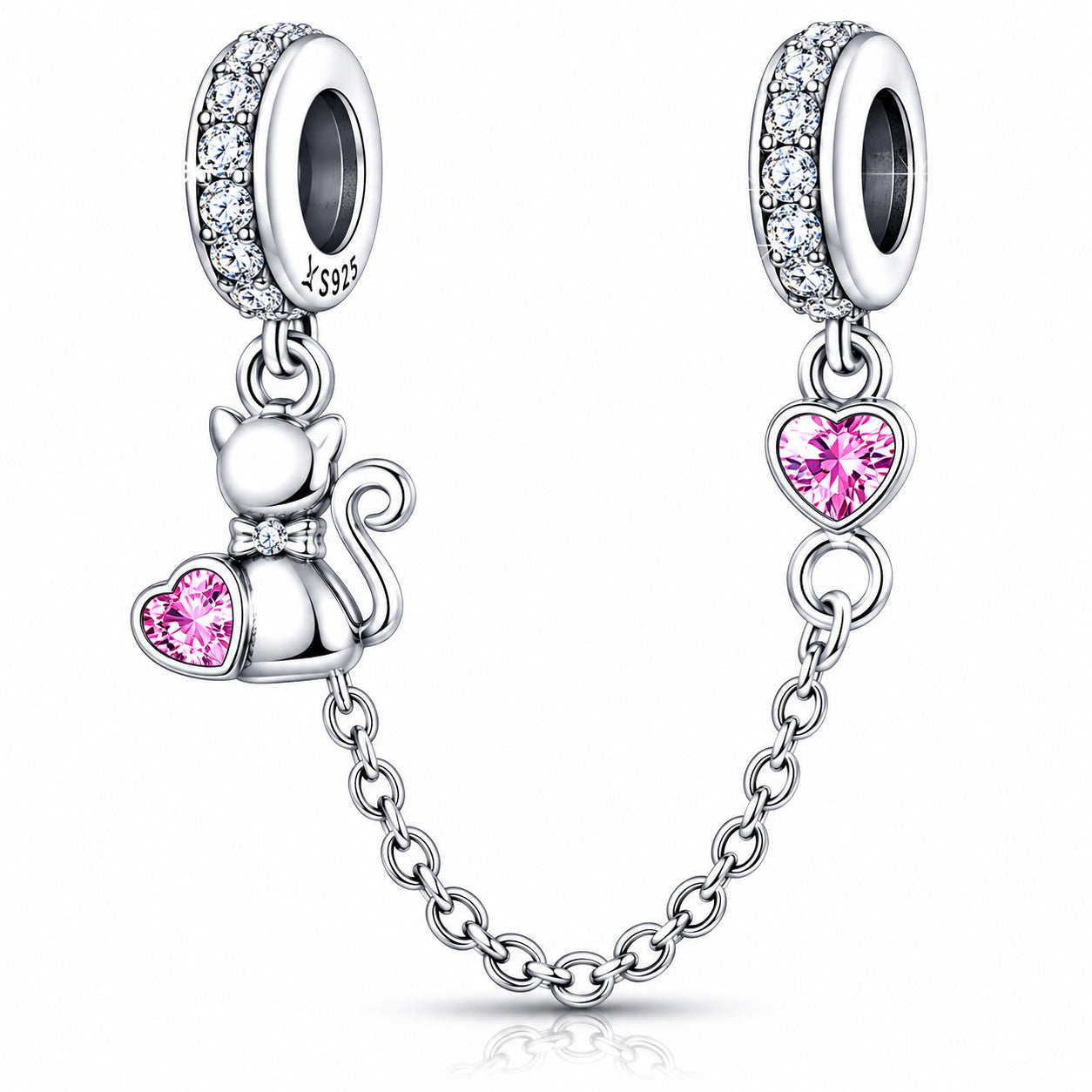 Cat & Heart Safety Chain Sterling Silver Charm Hallmarked S925 for Charm Bracelet and Necklace