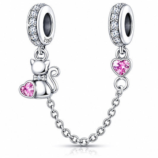 Cat & Heart Safety Chain Sterling Silver Charm Hallmarked S925 for Charm Bracelet and Necklace