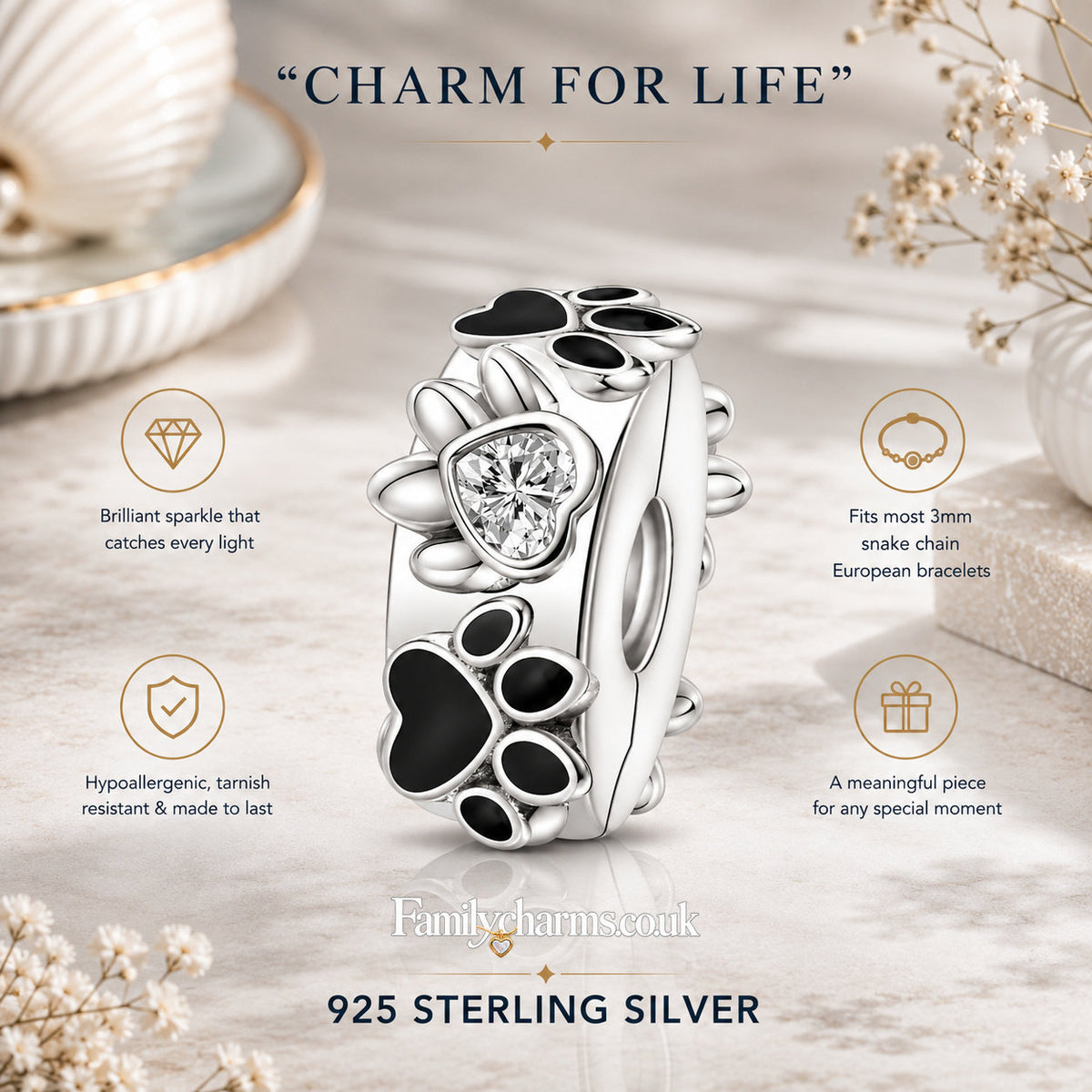 Pet Paw Print Clip Sterling Silver Charm Hallmarked S925 for Charm Bracelet and Necklace