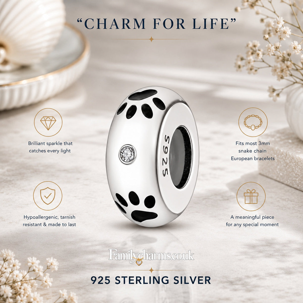 Pet Paw Print Stopper with Silicone Ring Sterling Silver Charm Hallmarked S925 for Charm Bracelet and Necklace