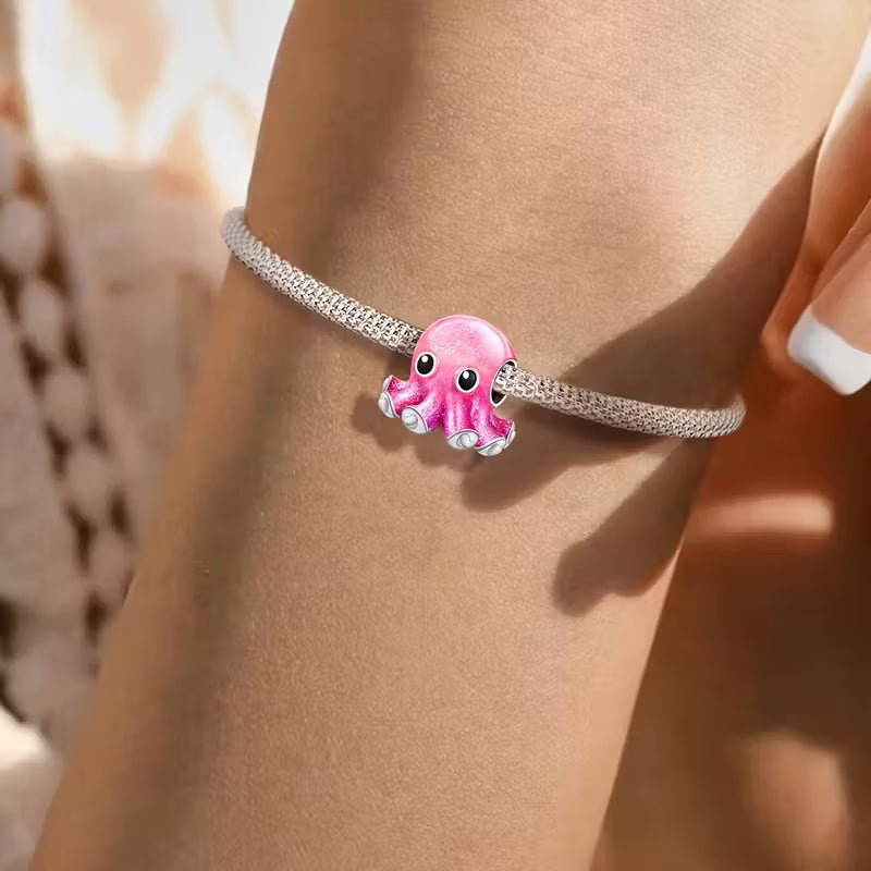 Pink Baby Octopus Sterling Silver Charm Hallmarked S925 for Charm Bracelet and Necklace