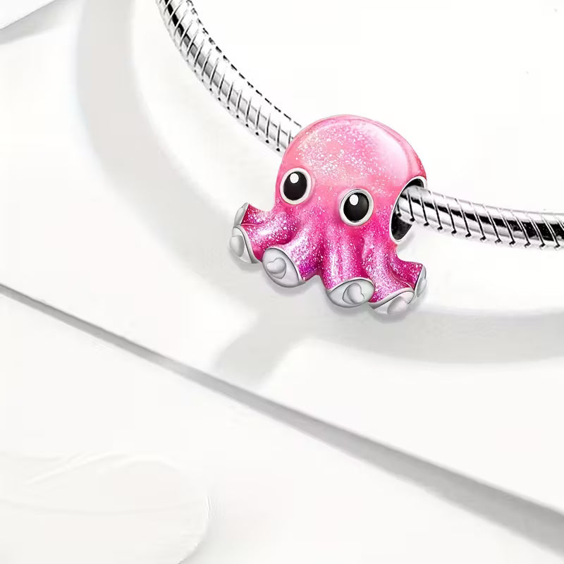 Pink Baby Octopus Sterling Silver Charm Hallmarked S925 for Charm Bracelet and Necklace