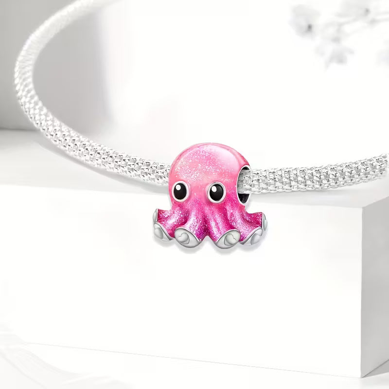Pink Baby Octopus Sterling Silver Charm Hallmarked S925 for Charm Bracelet and Necklace