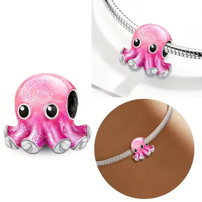 Pink Baby Octopus Sterling Silver Charm Hallmarked S925 for Charm Bracelet and Necklace