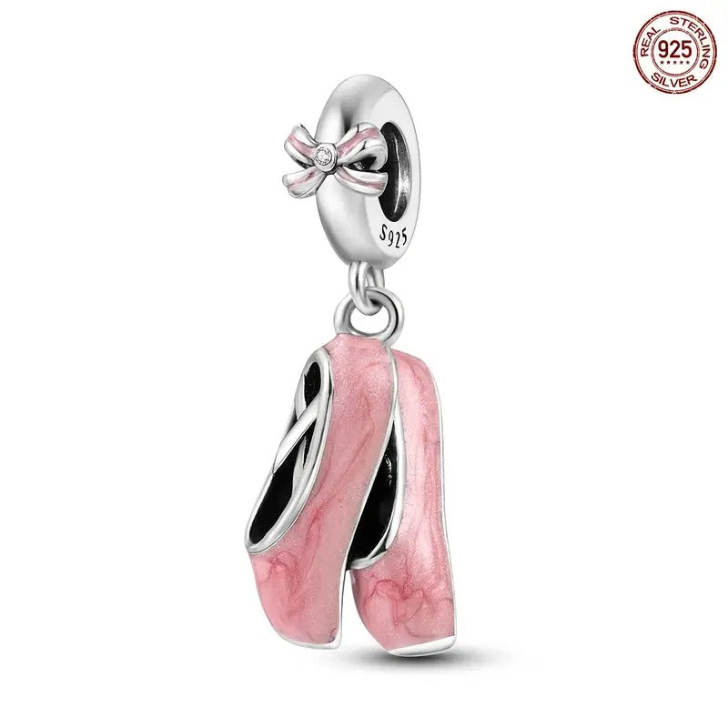 Pink Ballet Shoes Sterling Silver Charm Hallmarked S925 for Charm Bracelet and Necklace