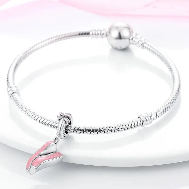 Pink Ballet Shoes Sterling Silver Charm Hallmarked S925 for Charm Bracelet and Necklace