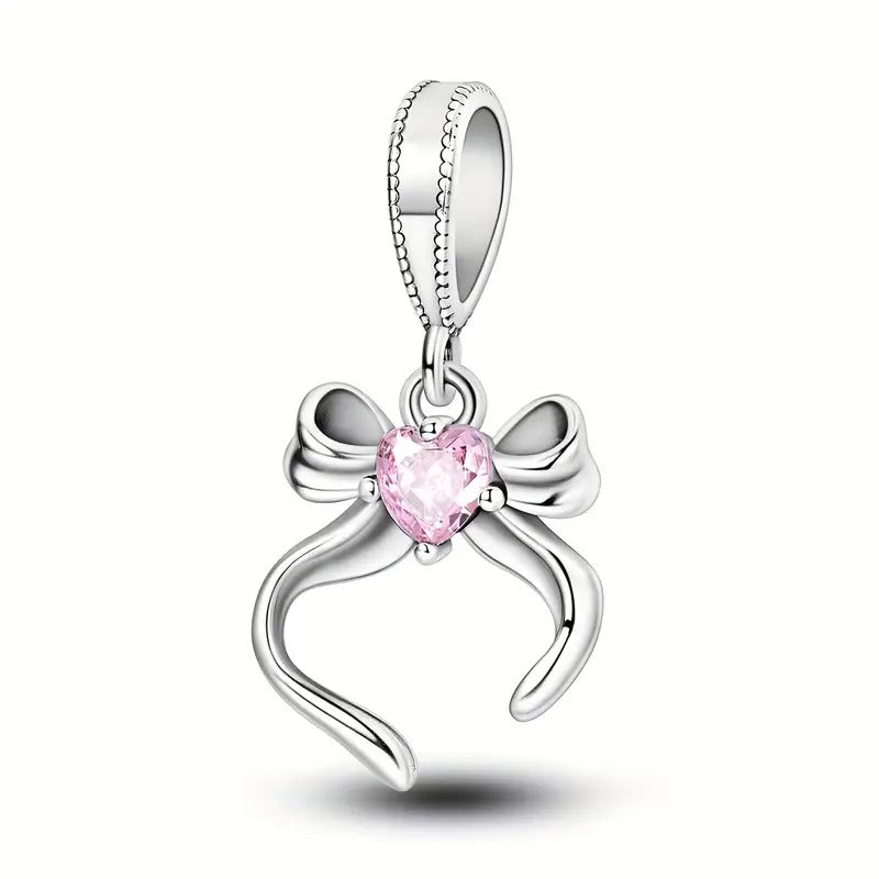 Pink Bow Pendant Sterling Silver Charm Hallmarked S925 for Charm Bracelet and Necklace