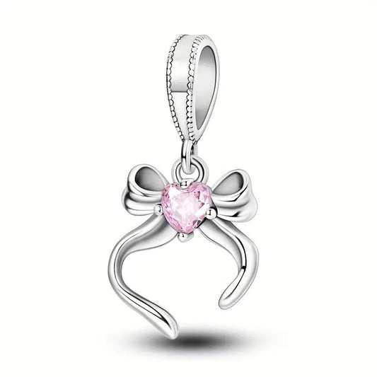 Pink Bow Pendant Sterling Silver Charm Hallmarked S925 for Charm Bracelet and Necklace