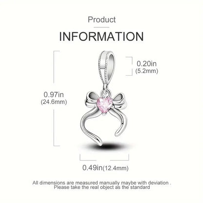 Pink Bow Pendant Sterling Silver Charm Hallmarked S925 for Charm Bracelet and Necklace